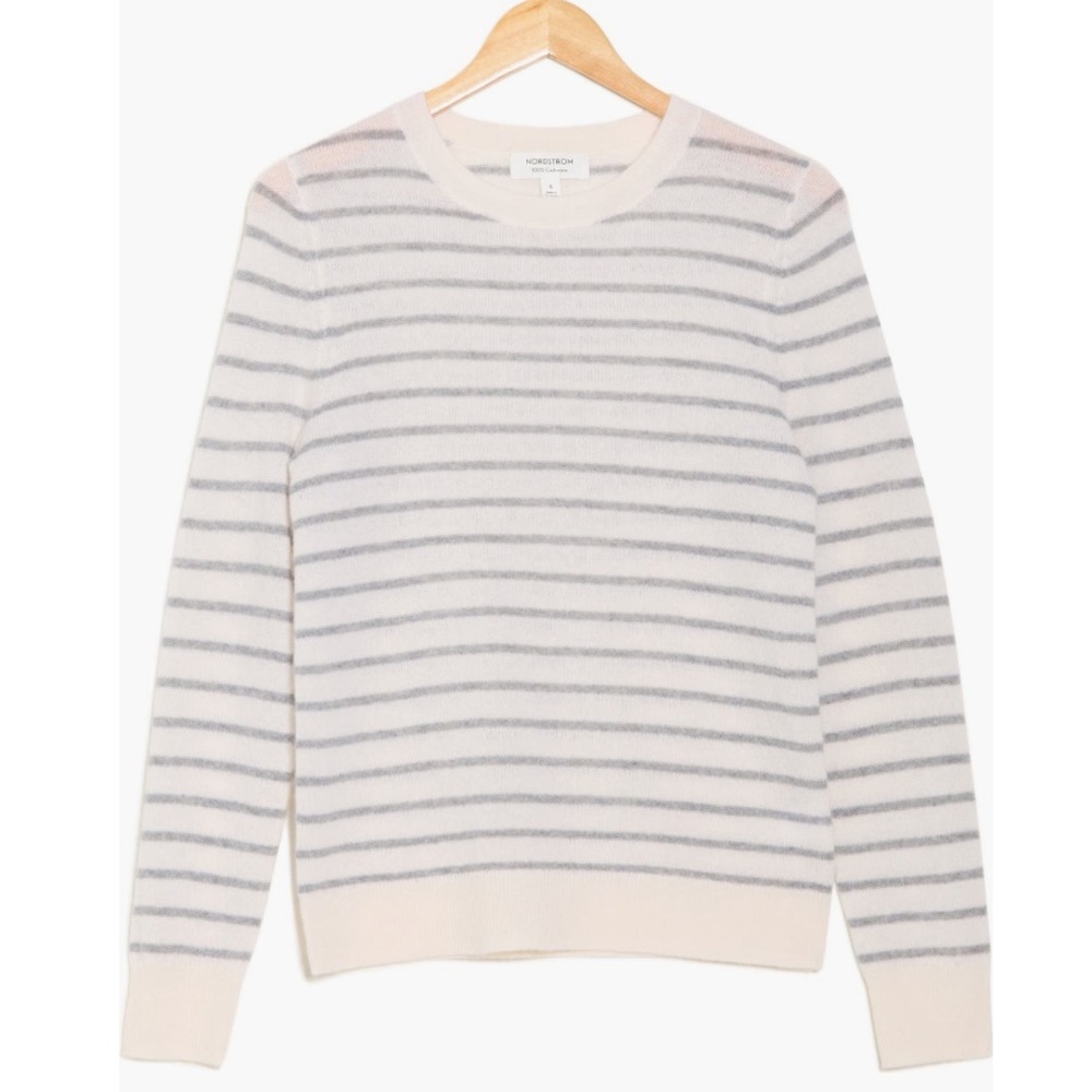 Nordstrom Women’s 100% Cashmere Ivory Grey Striped Crewneck Sweater - Sz XL, NWT
